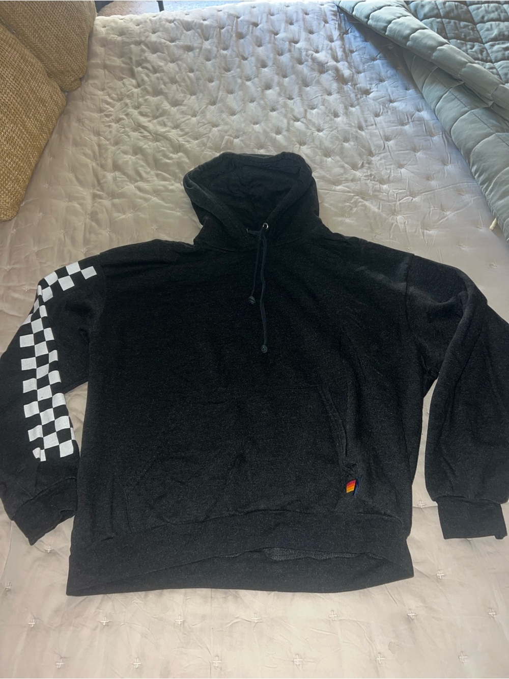 Aviator Nation Black Hoodie & Sweatpants Set with White Checkerboard Size Medium - Picture 2 of 7